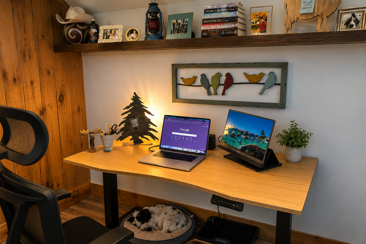 Cozy home office with wooden walls, a laptop, monitor, and a small dog resting under the desk